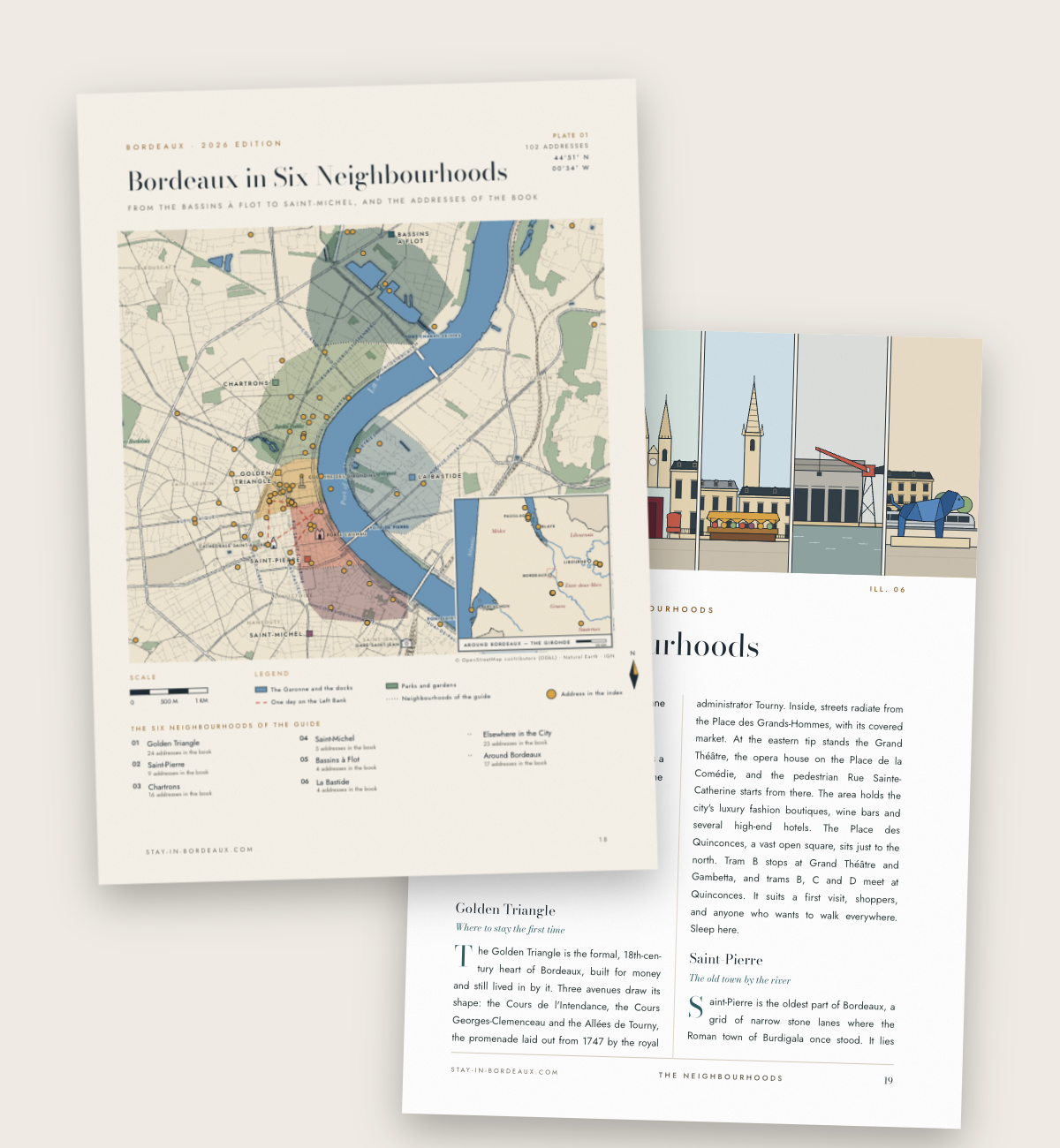 The map of the six neighbourhoods in The Bordeaux City Guide, with the addresses of the book