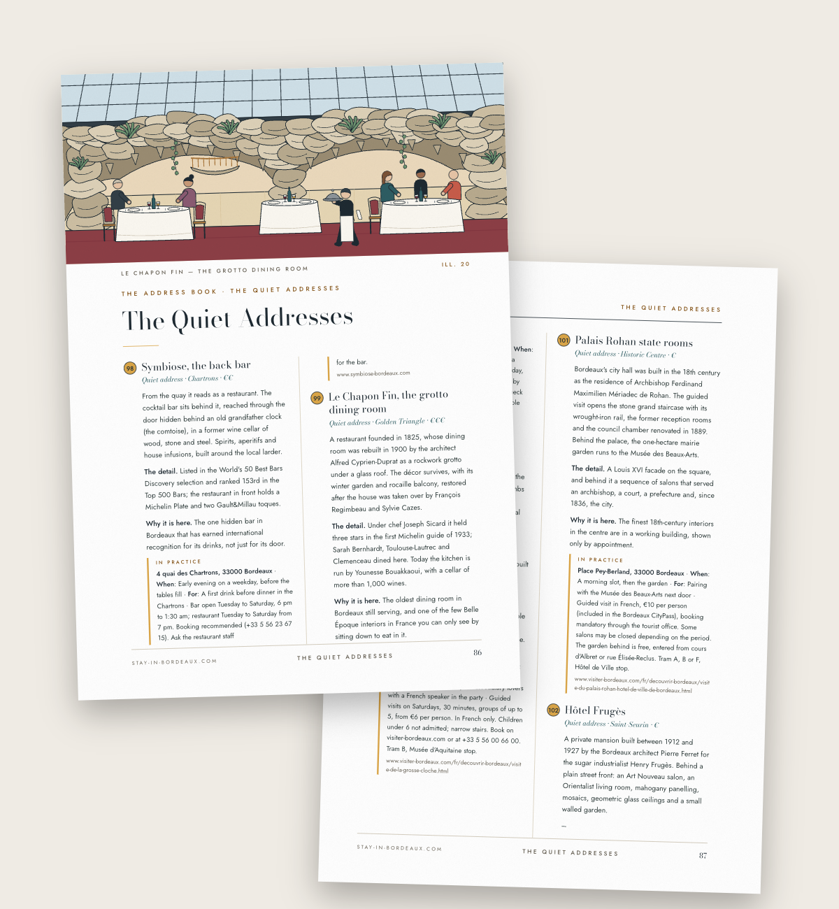 Two plates from The Quiet Addresses chapter, with the reason each address is in the guide